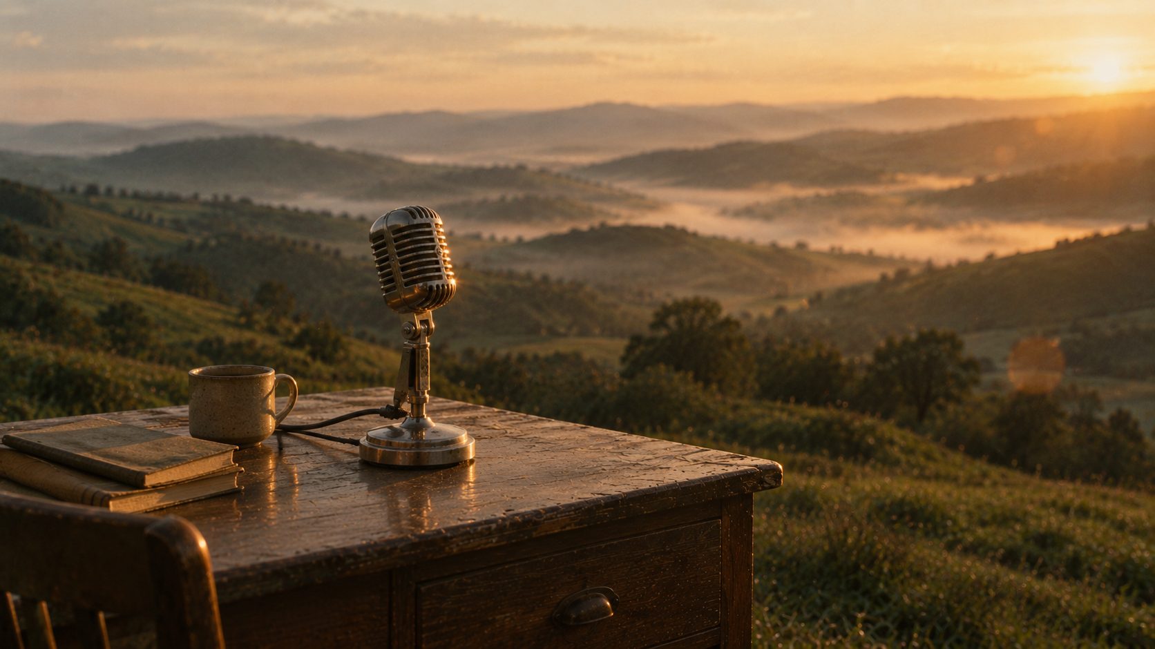 A vintage chrome microphone on a wooden desk in misty green hills at golden hour