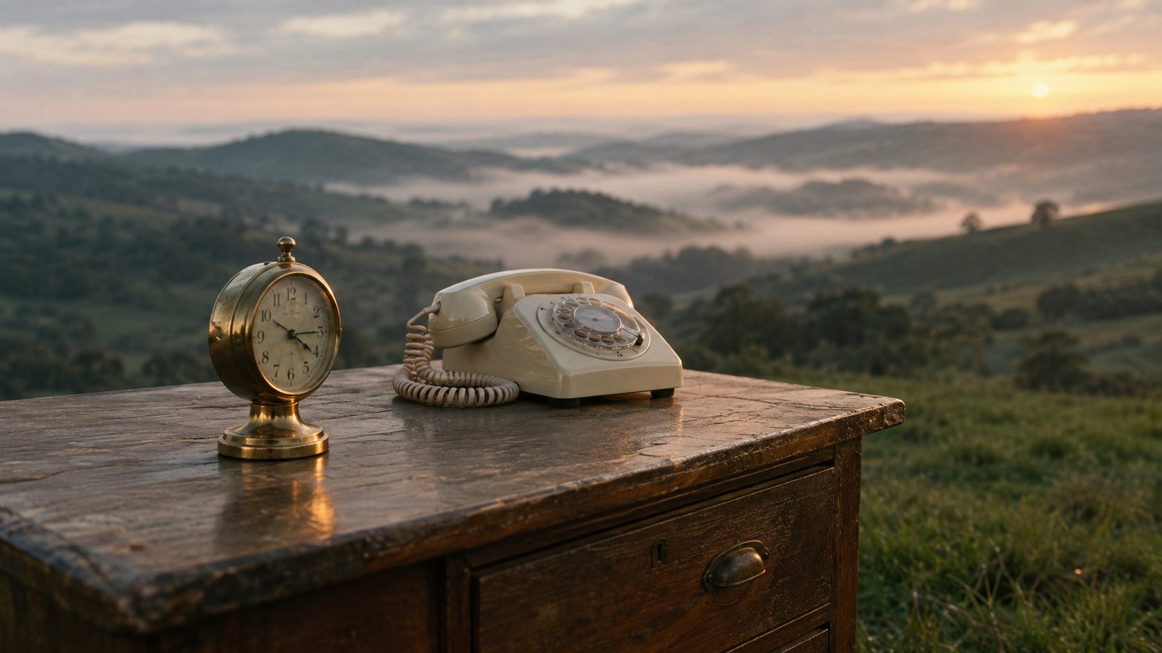 An old brass desk clock beside a rotary telephone on a wooden desk in misty green hills at dawn