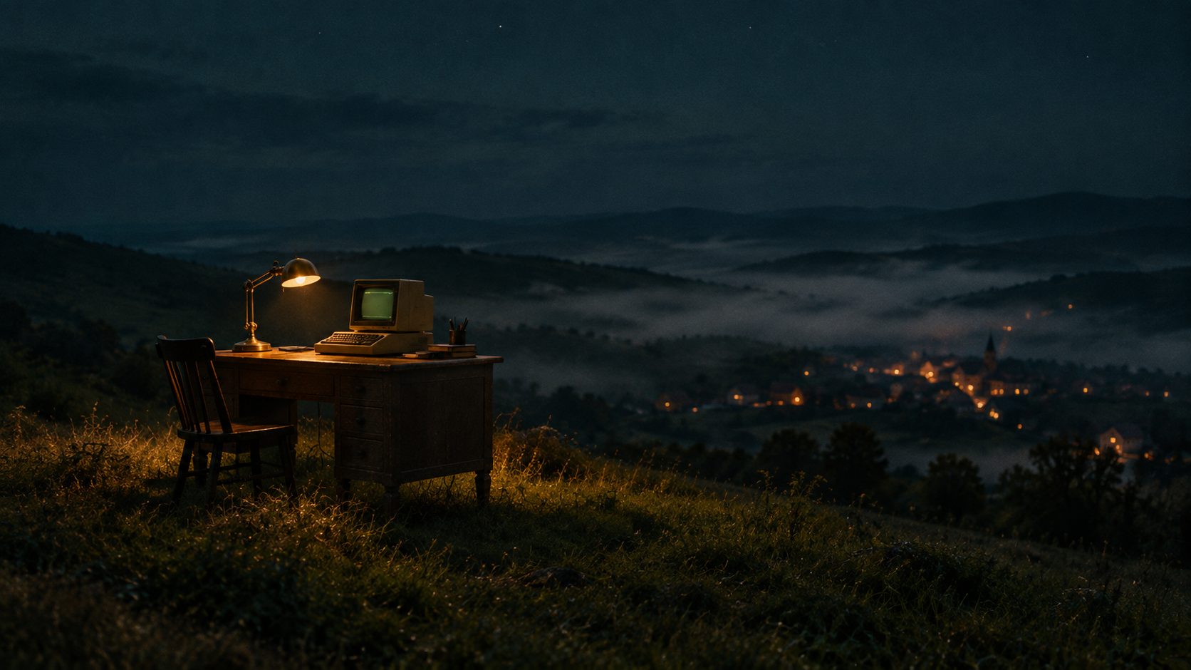 A lamp-lit desk with a glowing vintage computer alone on a hilltop at night, distant village lights in the valley
