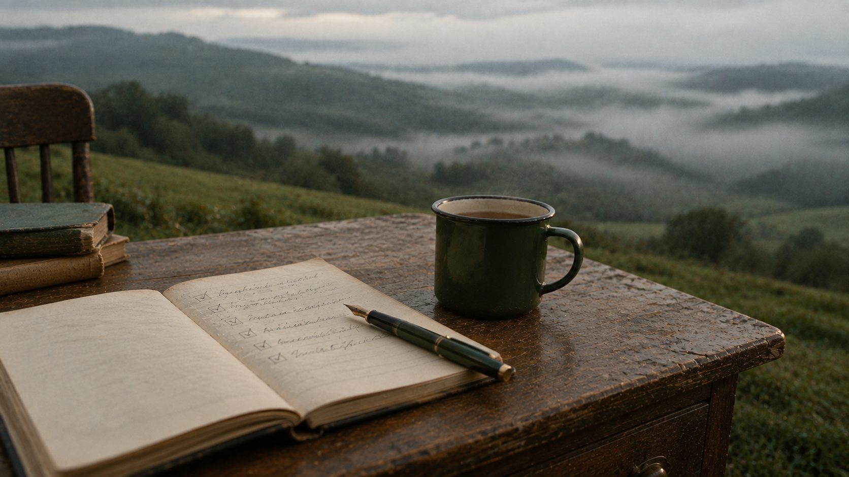 An open notebook with a handwritten checklist and a fountain pen on a desk overlooking misty hills