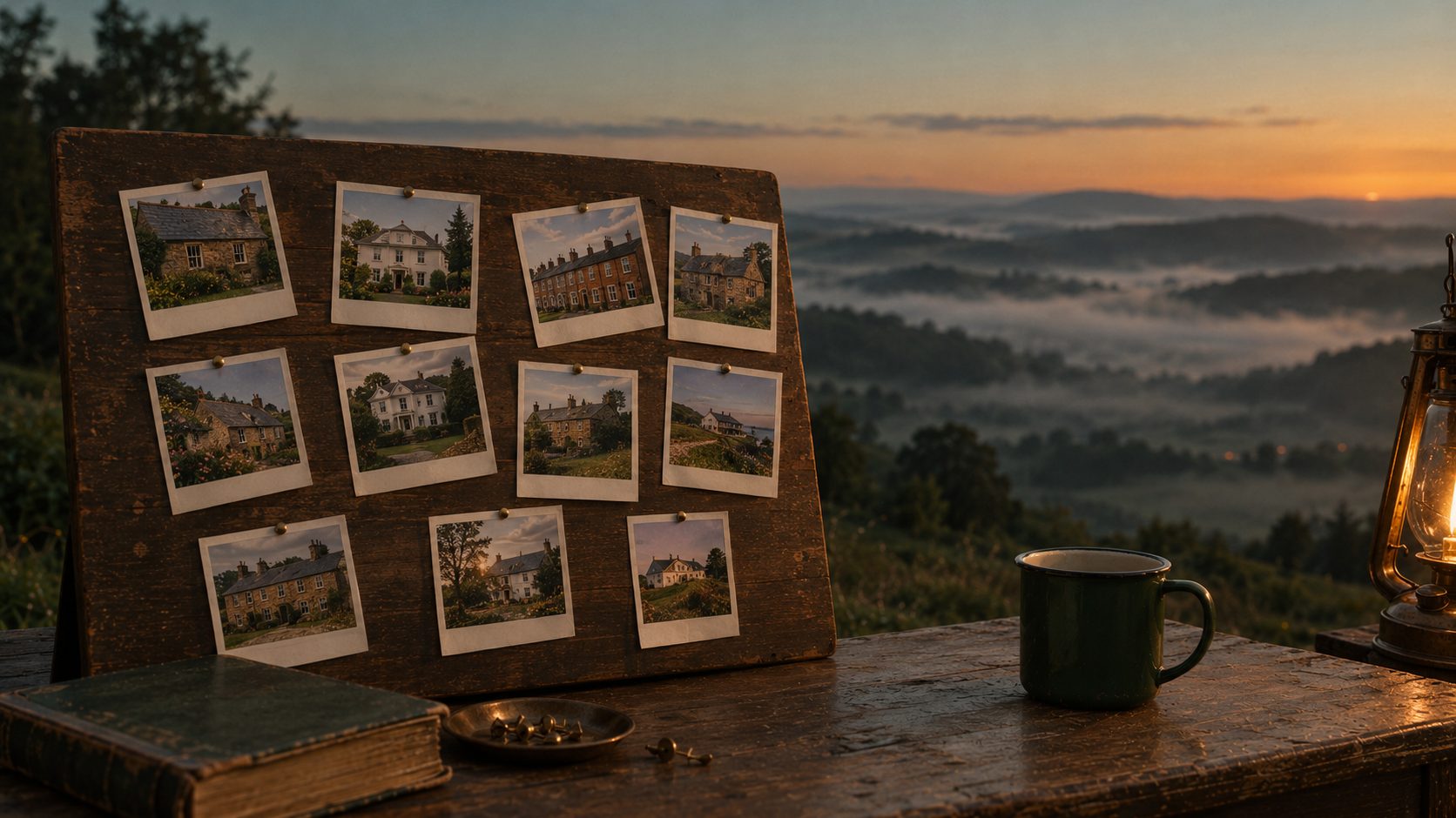 Instant photographs of houses pinned to a wooden board on a misty hilltop at dusk