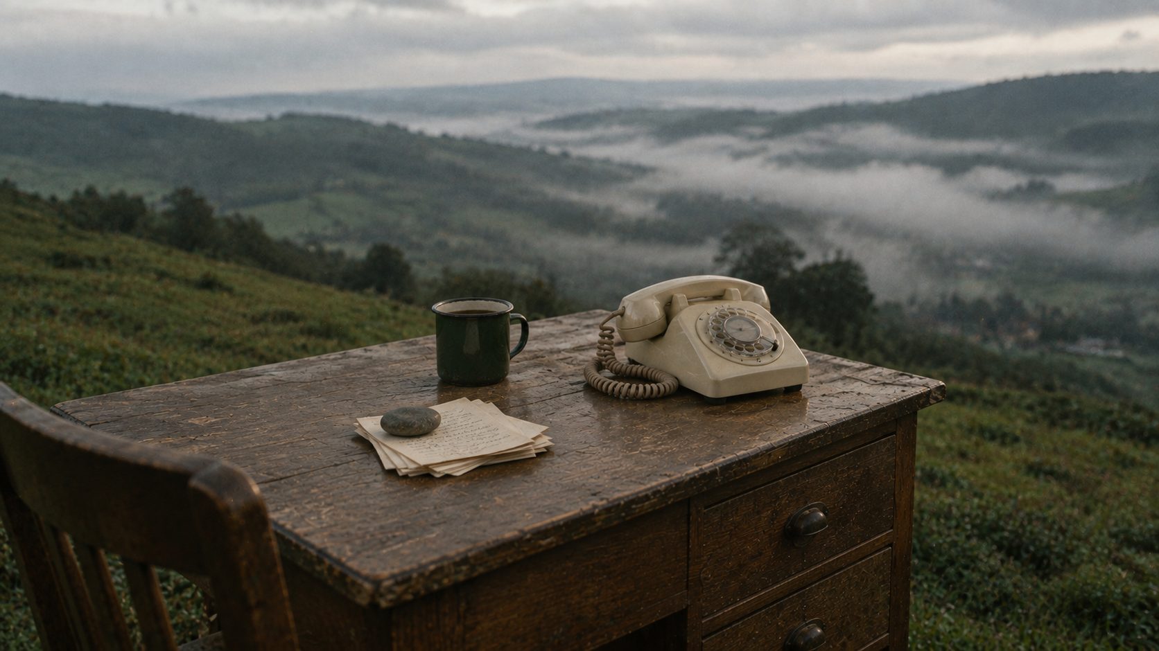 A neat pile of paper message slips weighted by a stone beside a rotary telephone on a desk in misty hills